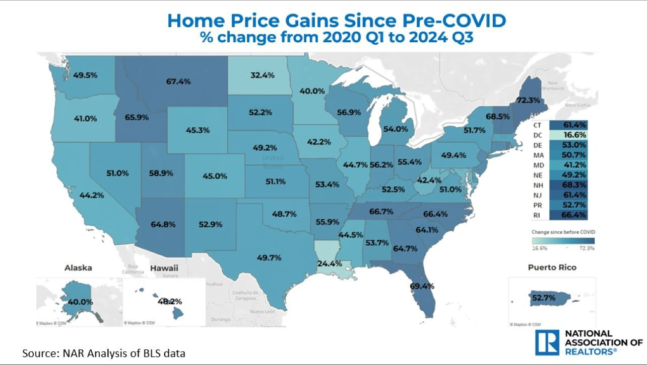 A united states map depicting real estate and home appreciation and home prices including Kansas.