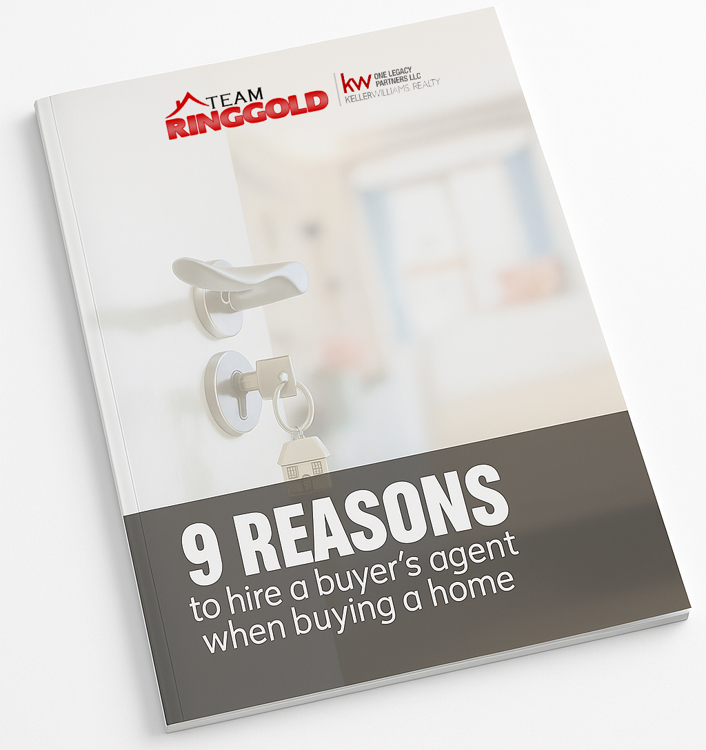 Cover of a ringed book with the text 9 Reasons to Hire a Buyer's Agent in the top middle, and Team Ringgold One Legacy Partners LLC logo in the bottom left corner.