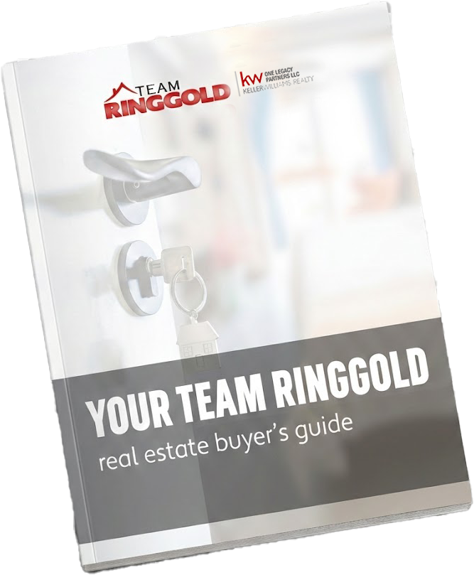 Cover of a ringed book with the text Your Team Ringgold Real Estate Buyer's Guide top middle, and Team Ringgold One Legacy Partners LLC logo in the bottom left corner.